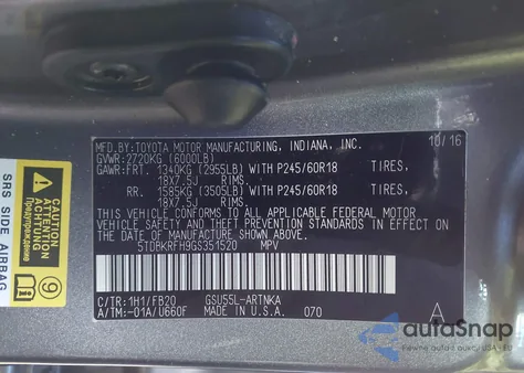 2016 Toyota Highlander Le V6 z USA, uszkodzony, nr VIN 5TDBKRFH9GS351520